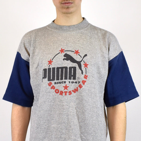 Vintage Puma t-shirt top blouse tee in gray and navy blue