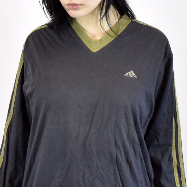 Vintage Adidas v-neck longsleeve tee sweatshirt jumper sweater pullover hoodie in gray and khaki