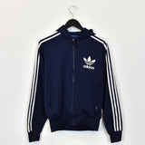 Vintage Adidas hoodie pullover sweatshirt windbreaker fleece track jacket in blhe and white