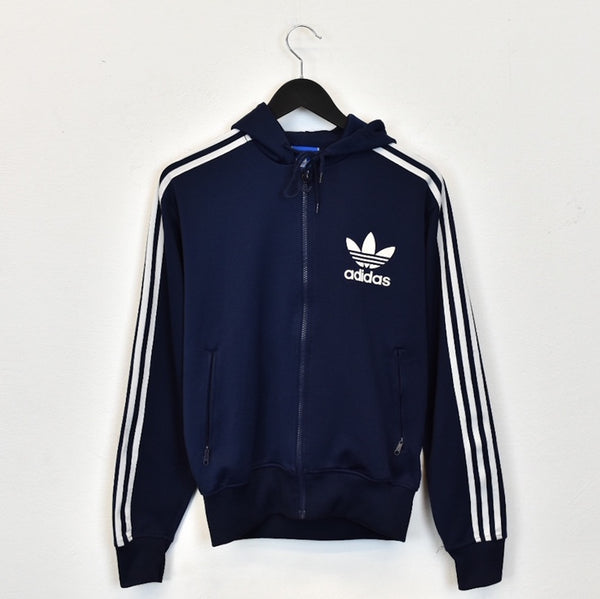 Vintage Adidas hoodie pullover sweatshirt windbreaker fleece track jacket in blhe and white