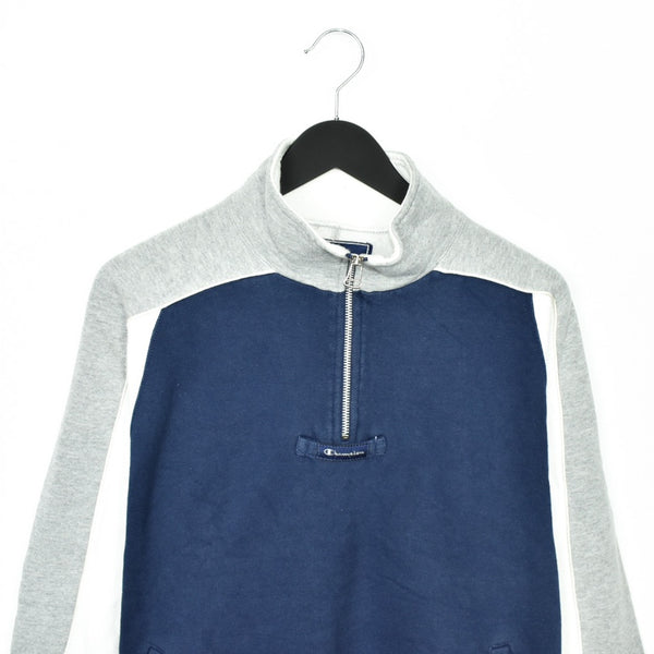 Vintage Champion quarter zip up collar jumper pullover sweatshirt t-shirt top tee in dark blue grey and whote