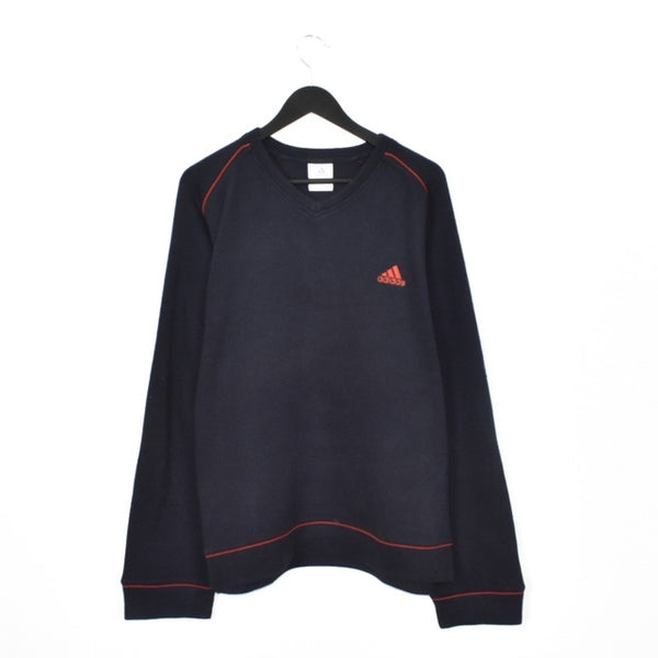 Vintage Adidas V neck sweatshirt pullover hoodie windbreaker fleece track jacket in dark blue and red