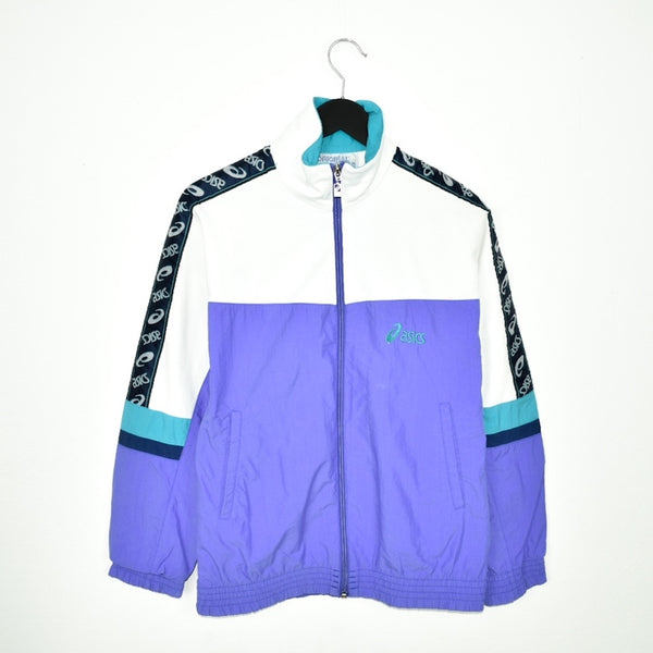 Vintage Asics zip up tracksuit track jacket trackie sweater jumper sweatshirt pullover long sleeve in white purple cyan and black