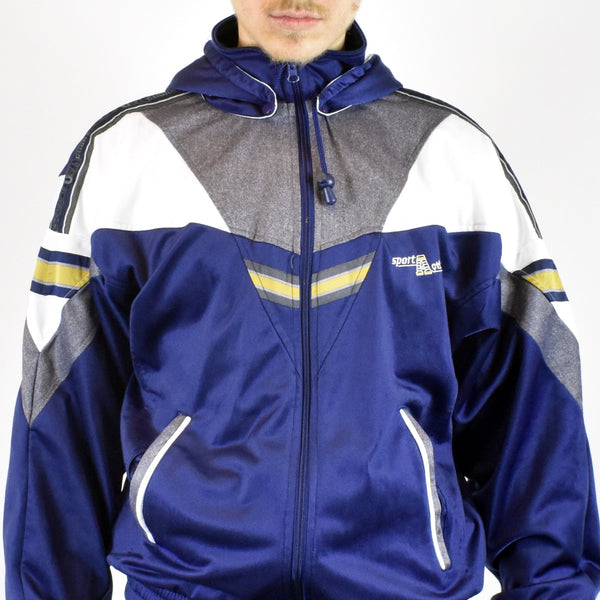 Vintage tracksuit track jacket fleece windbreaker in navy blue, white and gray