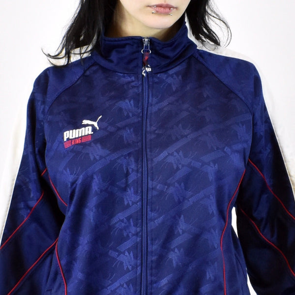 Vintage Puma tracksuit track jacket fleece windbreaker in navy blue and white
