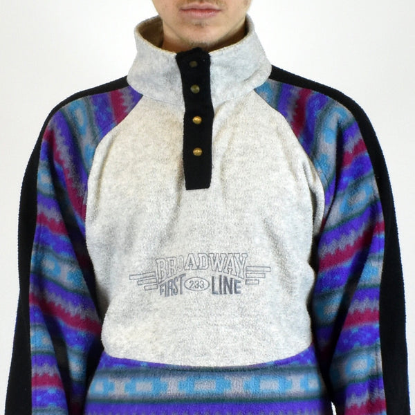 Vintage fleece pullover sweatshirt in black and gray with colorful patterns