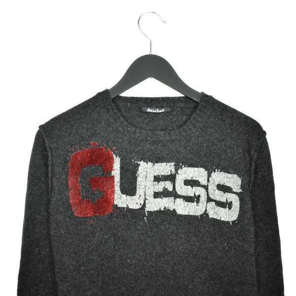 Vintage Guess Jeans big spell out fuzzy sweater sweatshirt pullover jumper hoodie in dark grey