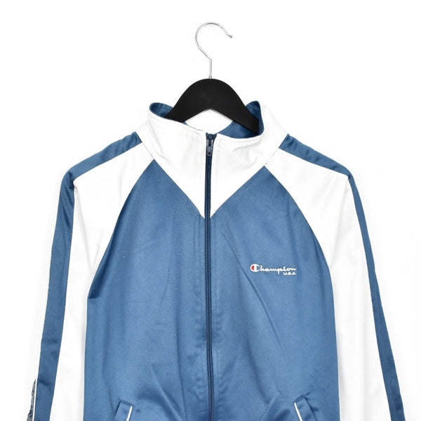Vintage Champion windbreaker zip up tracksuit track jacket trackie sweater jumper sweatshirt pullover long sleeve in light blue and white
