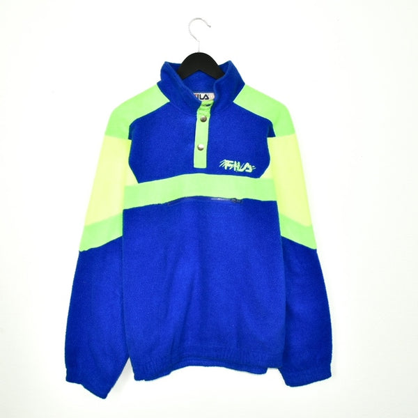 Vintage Fila quarter zip button up fleece tracksuit jumper pullover  trackie jacket sweater in bright blue green and yellow