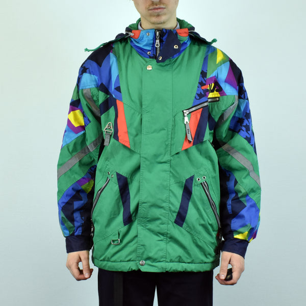 Vintage Fila windbreaker fleece parka in green with colorful patterns