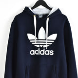 Vintage Adidas hoodie pullover sweatshirt windbreaker fleece track jacket jumper in dark blue and white