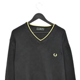 Vintage Fred Perry V neck neck sweater thin material longsleeve tee pullover sweatshirt in black and gold