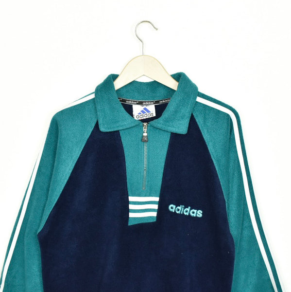 Vintage Adidas fuzzy zip neck sweatshirt jumper sweater pullover hoodie in cyan and dark blue